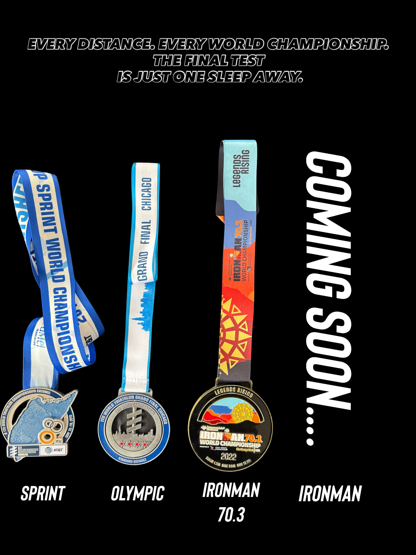 Medallas de los mundiales Sprint, Olímpico y Ironman 70.3, con el Ironman completo aún por conquistar.